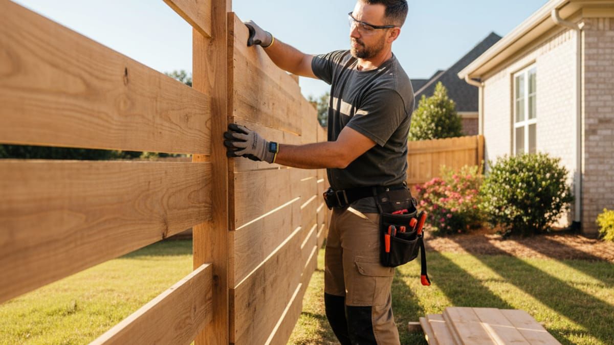 Professional fence contractor repairing wooden fence in Charlotte