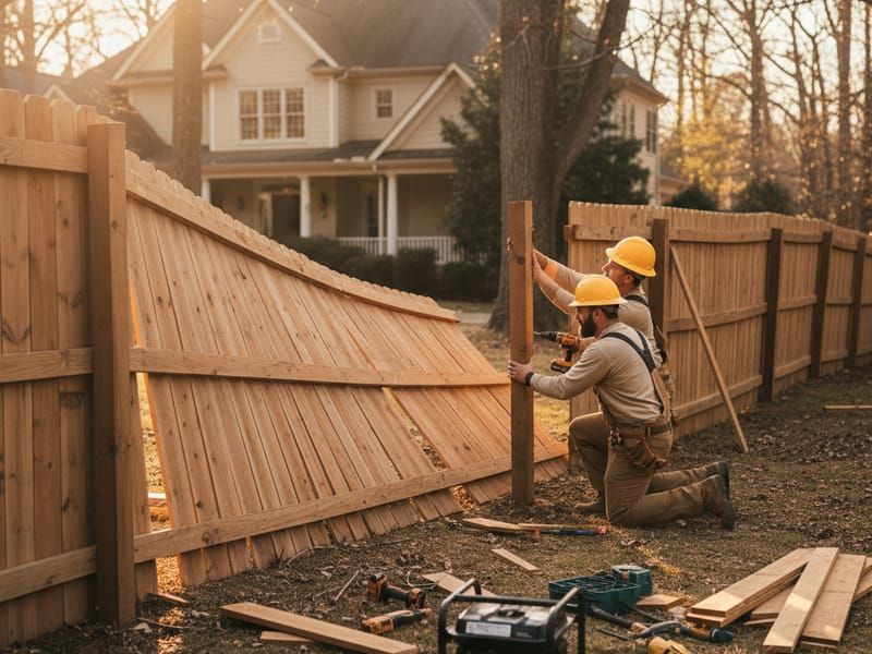 Storm damage fence repair Charlotte showing emergency repair work